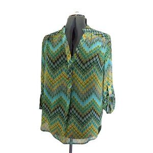 Women's Large Colorful Chevron Stripe Tacera Sheer Adjustable Roll Tab Sleeve Bl
